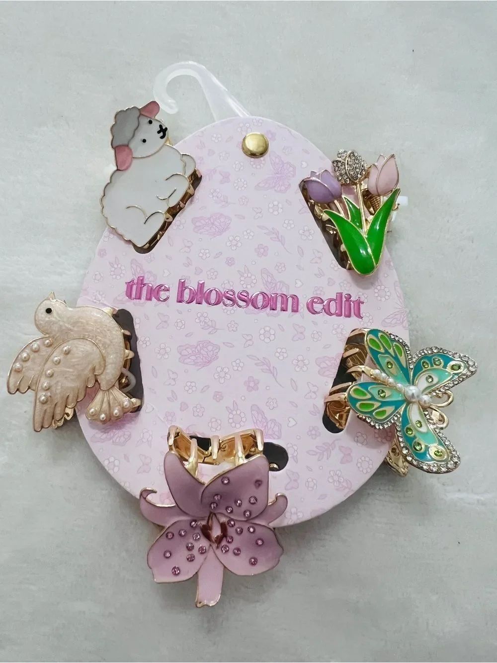 Pastel Floral & Animal Hair Clip Set - Pink, Green, Cream